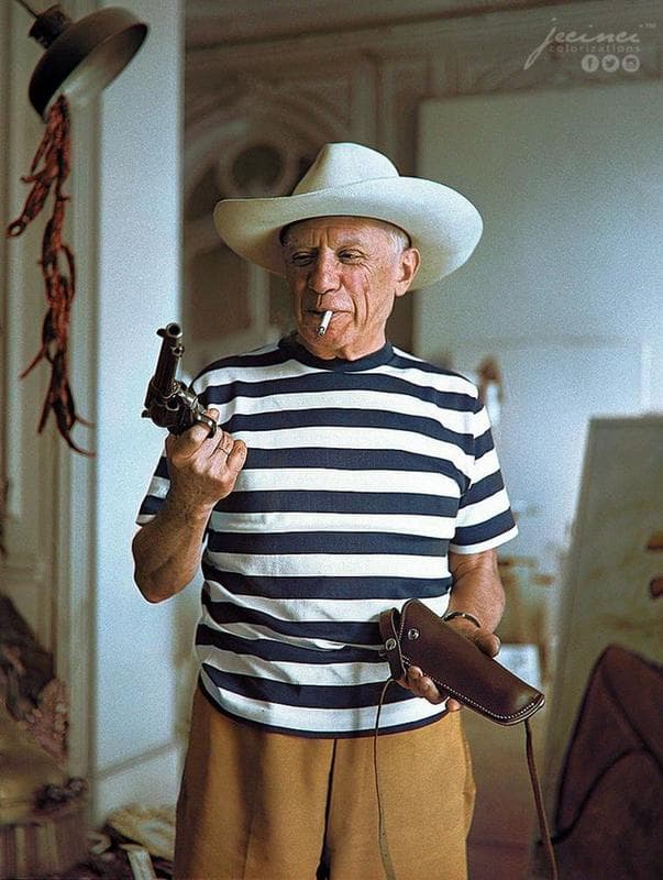 Pablo Picasso With Gifts From Gary Cooper In 1958